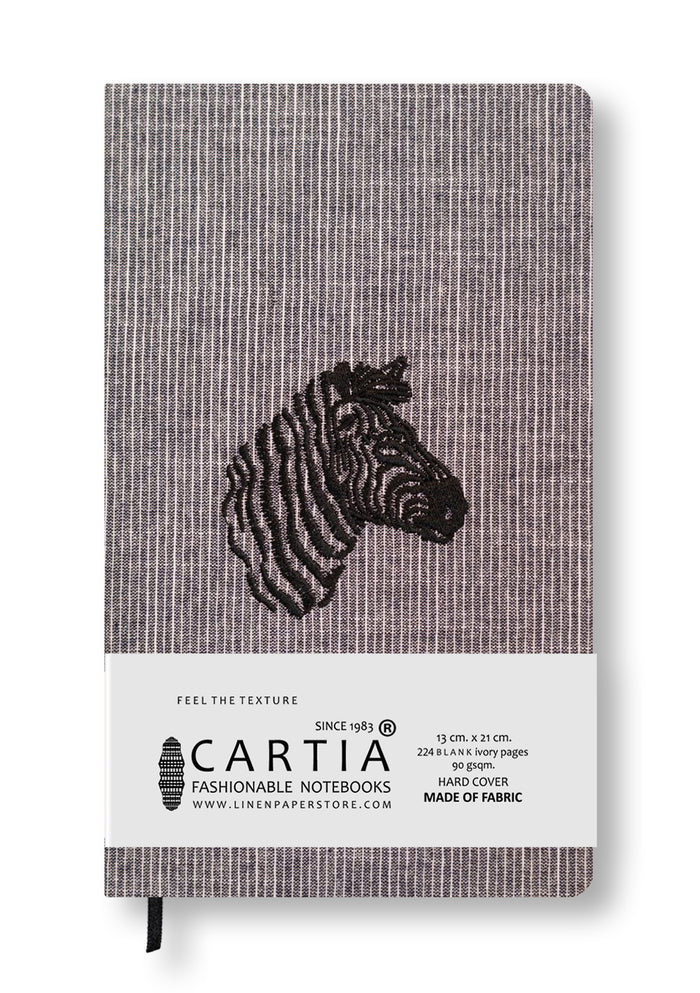 FABRIC HARDCOVER EMBROIDERY BLANK NOTEBOOK BLACK ZEBRA [GREY LINES]